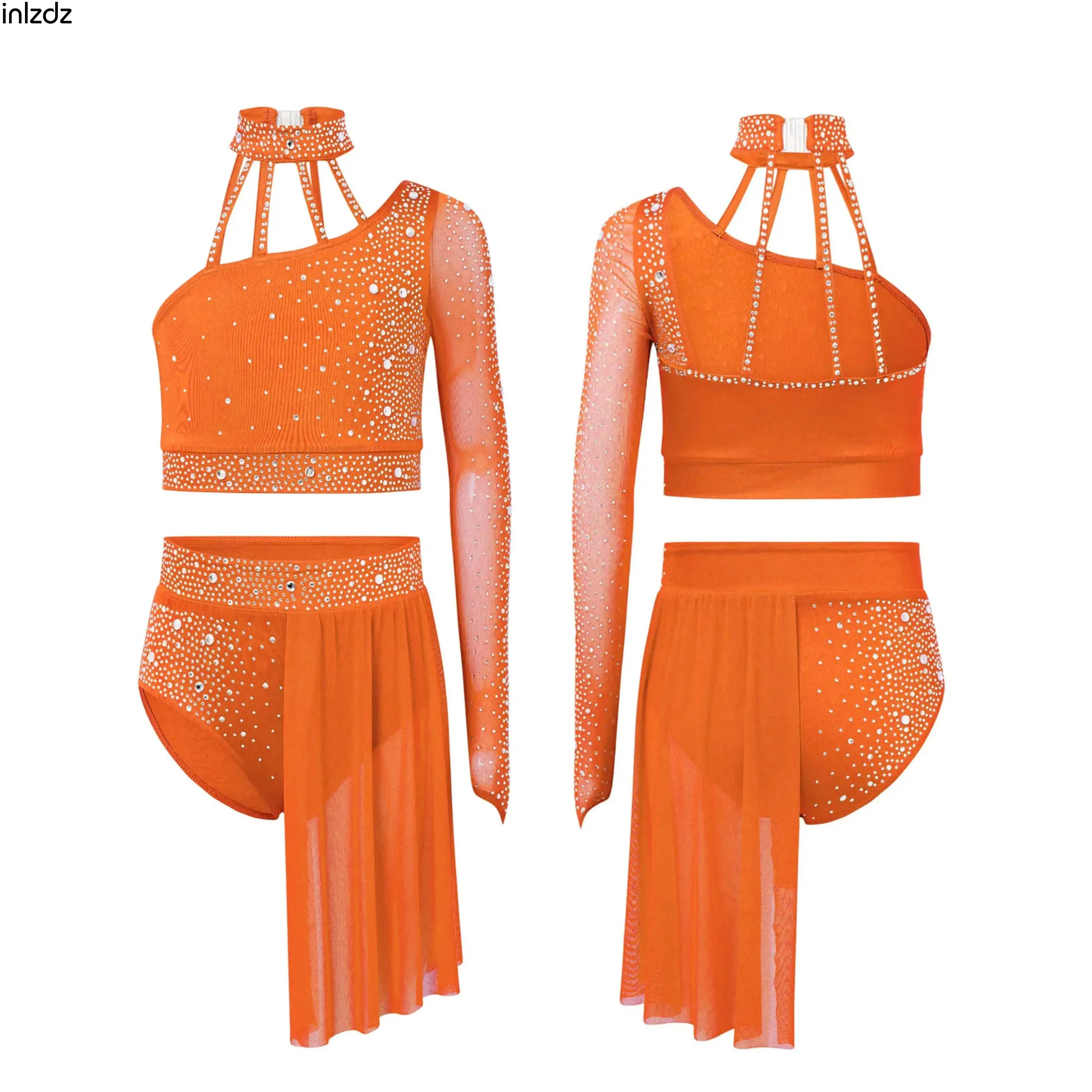 

Kids Girls Ballet Lyrical Modern Dance Outfit One Shoulder Rhinestone Mesh Crop Top+Skirt for Prom Party Performance Dancewear