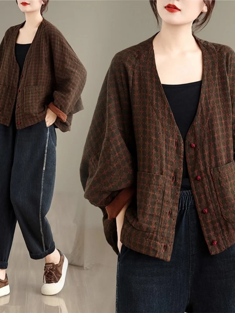 2025 Autumn/Winter Jacket Fashionable Style Long Sleeve V-Neck Retro Versatile Loose Chinese Top Large Short Coat Outerwear W742