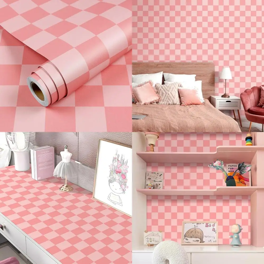 Papel de parede rosa com padrão xadrez para decorações autoadesivas de armário e bancada