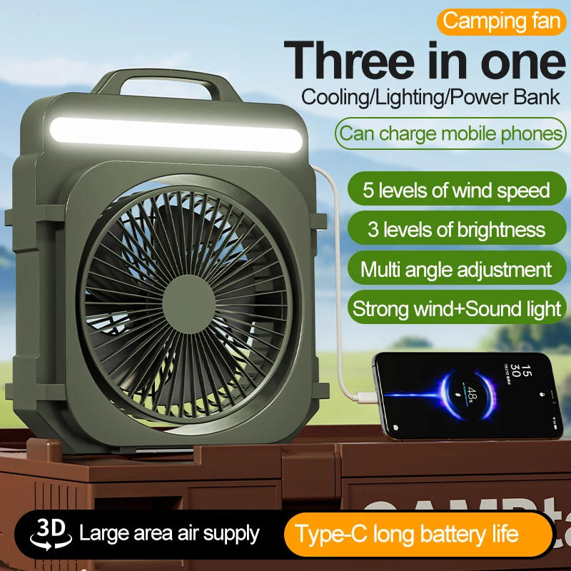 3-in-1 Portable Handheld Fan With Lighting Built-in Power Bank 5-Speed Adjustable Speed Suitable For Outdoor USB-C Charging