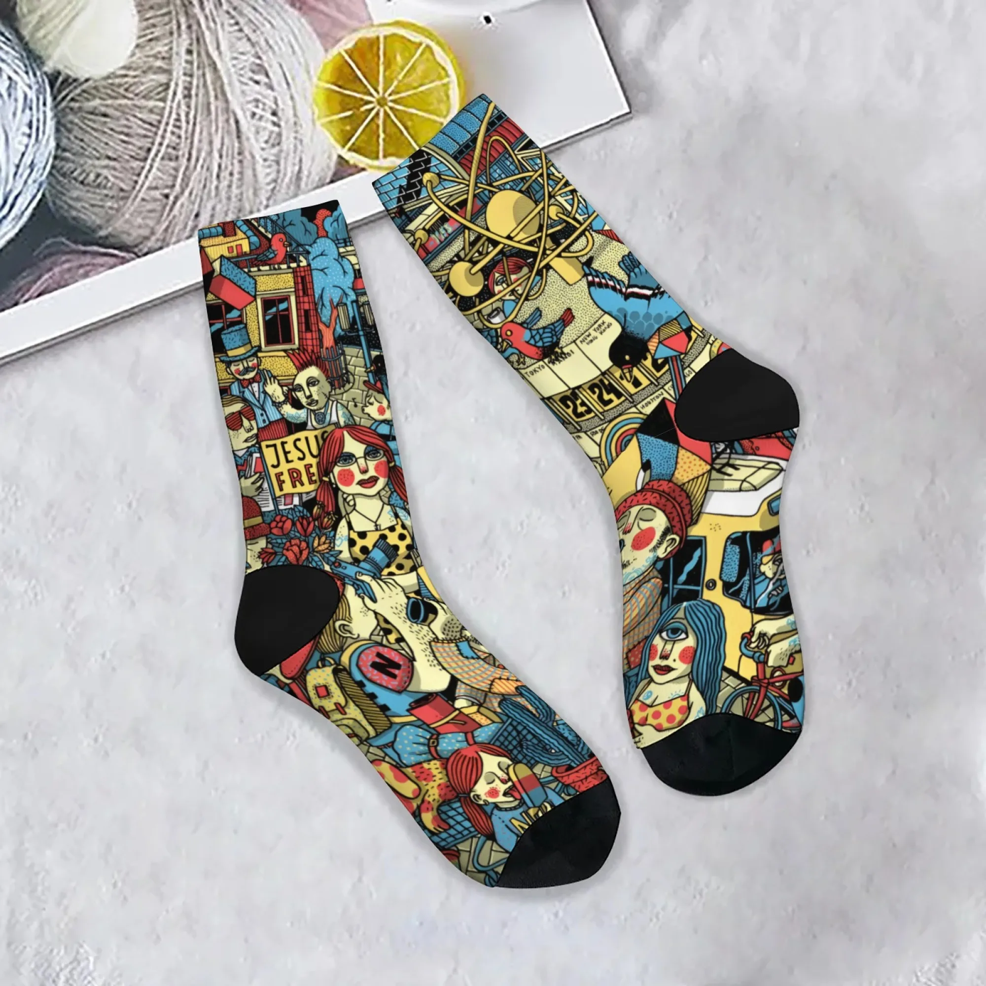 Retro folk art cartoon casual socks with brightly colored patterns featuring bird and cactus prints; novel street gift for men.