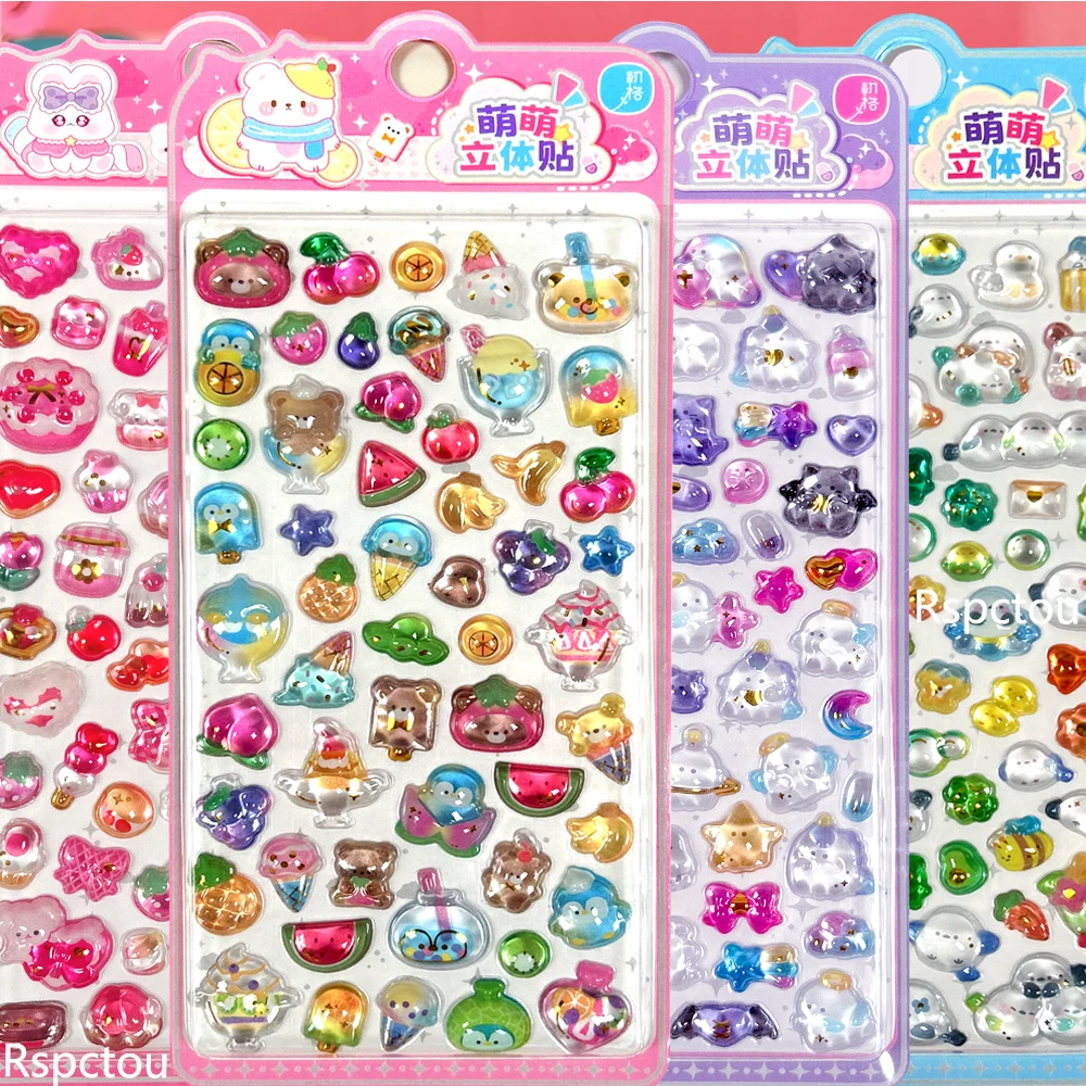 

4pcs Kawaii Animal Fruit Food 3D Relief Stickers Cute Cartoon Three-Dimensional Crystal Decals Laptop Fridge Phone Sticker Toys