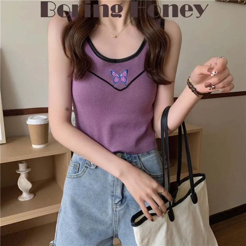 Boring Honey Crop Top Knitted Chic Sling Vest Women's Clothing Summer Korean Style All-Match T-Shirt Butterfly Embroidery Tops