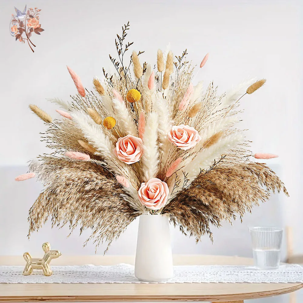 

73pcs Artificial Flowers Bouquet Fake Roses Mix Dried Pampas Grass Elegant Home Luxury Decor Natural Floral Wedding Centerpieces
