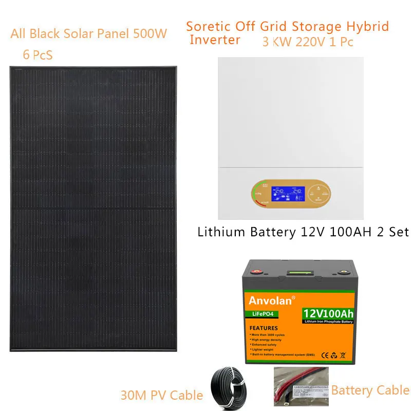 Solar Panel Kit Complete With Lifepo4 Lithium Battery 3000W 110V 220V Hybrid Inverter 3KW Home System Off Grid Car Camping