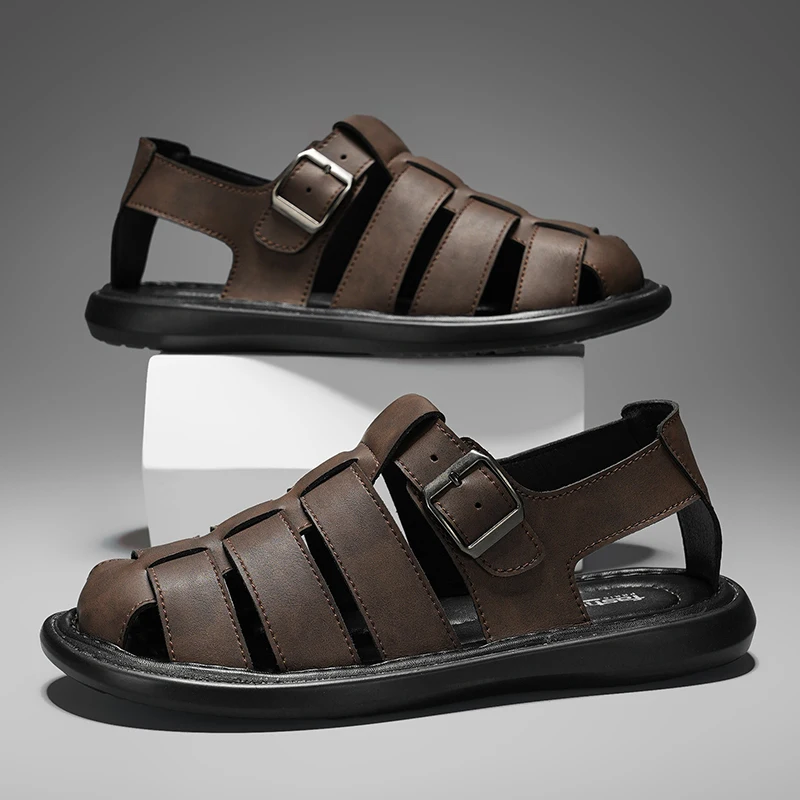 

Summer New Men's Sandals High Quality Leather Roman Shoes Men Casual Beach Shoes Luxury Hollow Out sandalias Male Big Size 38-48