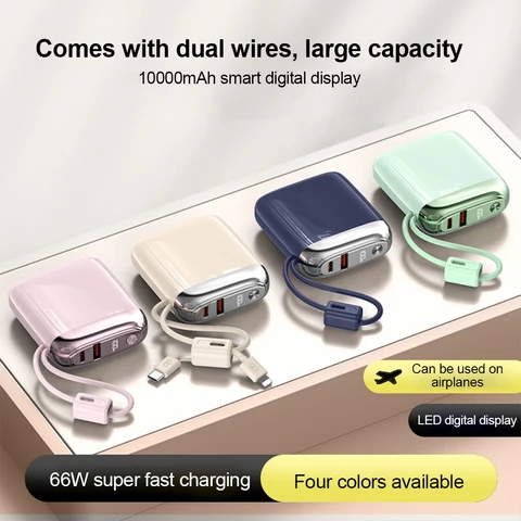 CCC 10000 мАч Mini Power Bank 66 Вт Сверхбыстрая зарядка Встроенный кабель USB-C PD3.0/QC3.0 Портативное зарядное устройство с сертификатом 3C для путешествий-