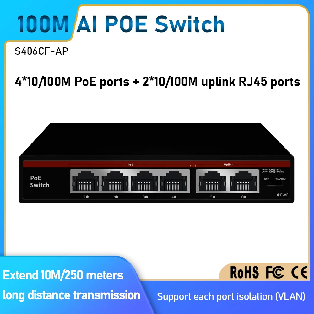 

EWIND POE Switch 6 Ports 10/100Mbps AI Smart Ethernet Switch with 2 Uplink RJ45 Ports AI Smart Switch for IP Camera/Wireless AP