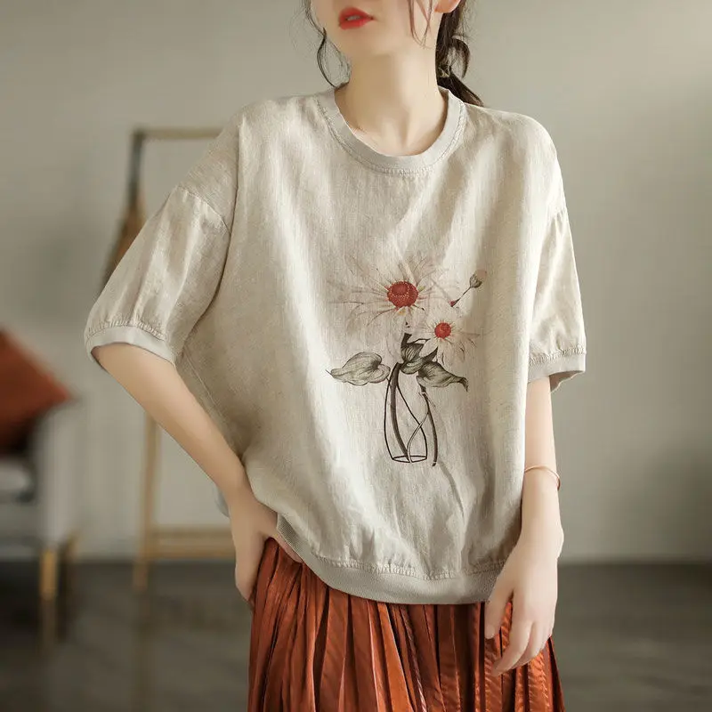 Women Summer Simplicity Loose Vintage Cotton and Linen O-neck Short Sleeve T-Shirt Women Clothes Casual All-match Printing Tops