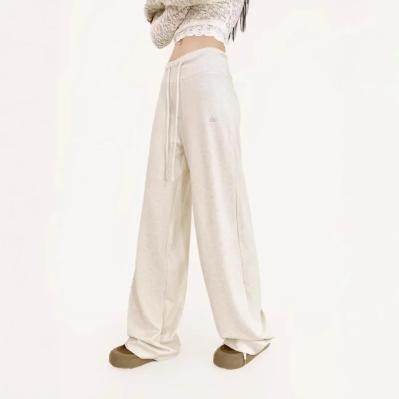 Spring New Women's American Sweatants Retro Solid Color Lazy Style Relaxation Wide Leg Pants High Waist Drawstring Floor Pants