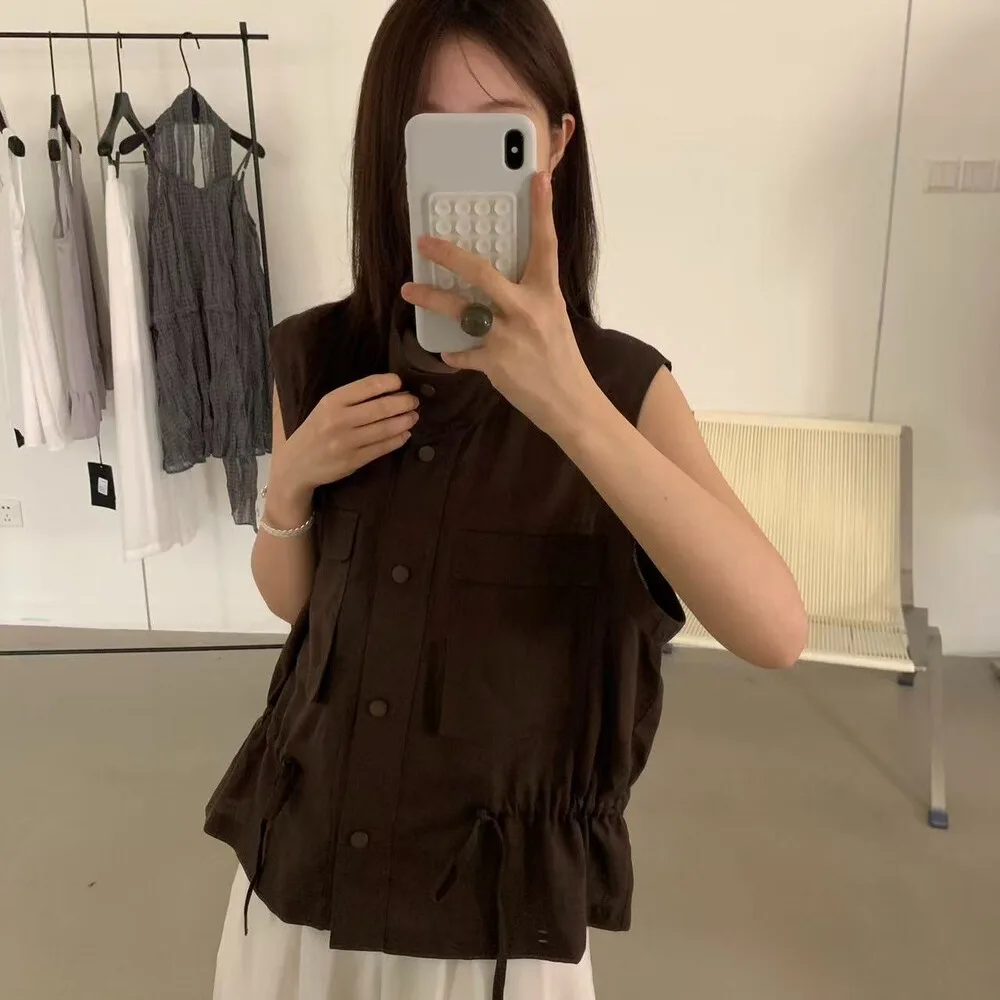 

Casual Korean Style Drawstring Waist Vest Top with Double Pockets Stand Collar Summer New Arrival Women's Shirt