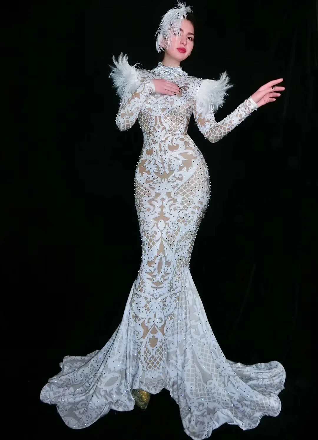 Women Evening Costume Prom Celebrate Big Tail Dresses Women Party Wear Dress White Feather Shoulder Rhinestone Long Train Dress