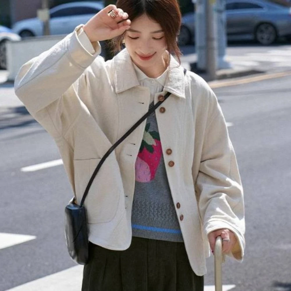 

Long Sleeve Cropped Jacket Women Button Temperament Elegant Short Coats Streetwear Loose Woman Vintage Outerwear Spring Autumn