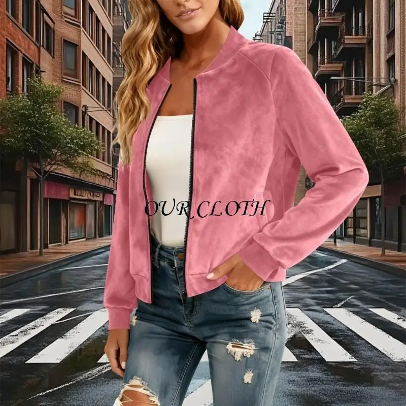 Women's Suede Bomber Jackets Round Neck Zip Up Fit Coat Casual Windproof Long Sleeve Cozy Outdoor Coat Y1AC