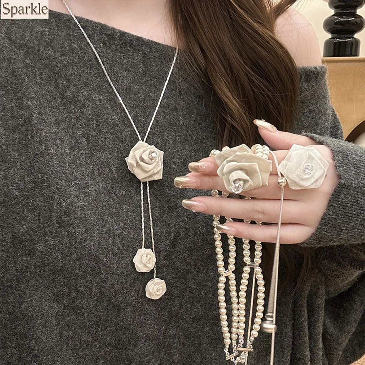 

Elegant Beige Fabric Rose Jewelry Set with Silver Tone Pearl Chain Necklace And Rhinestone Decor for Daily Party Fashion Accesso