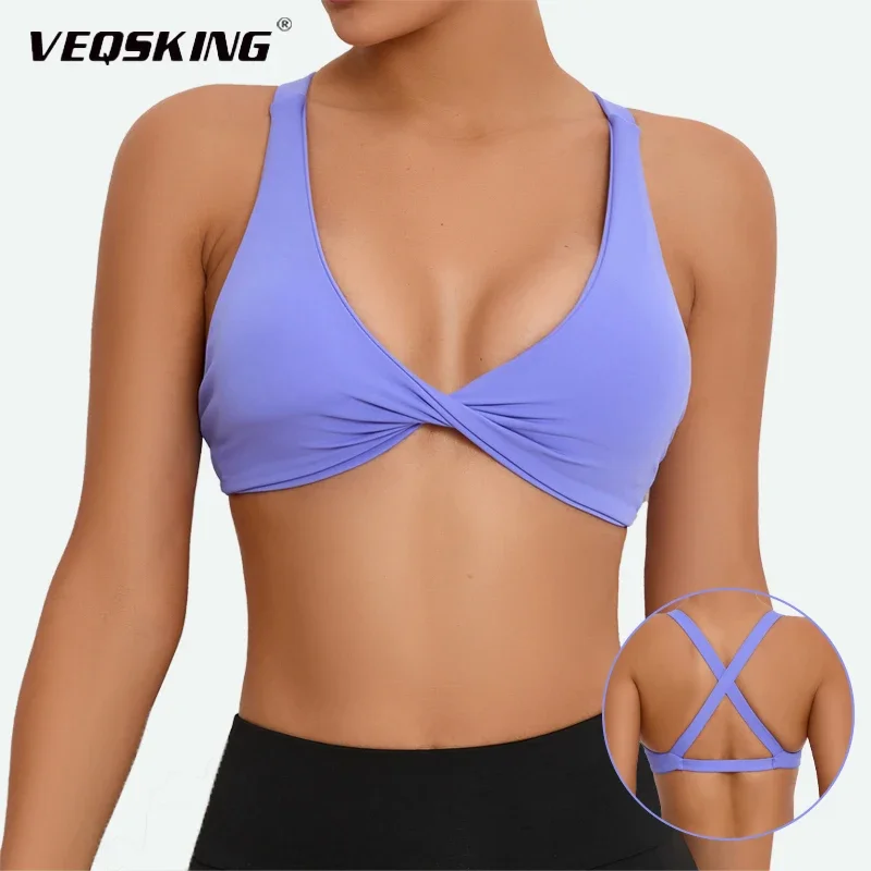 VEQSKING Cross Back Sports Bras for Women, Twist Front Gym Fitness Crop Tops, Quick Drying Workout Running Bras with Chest Pads