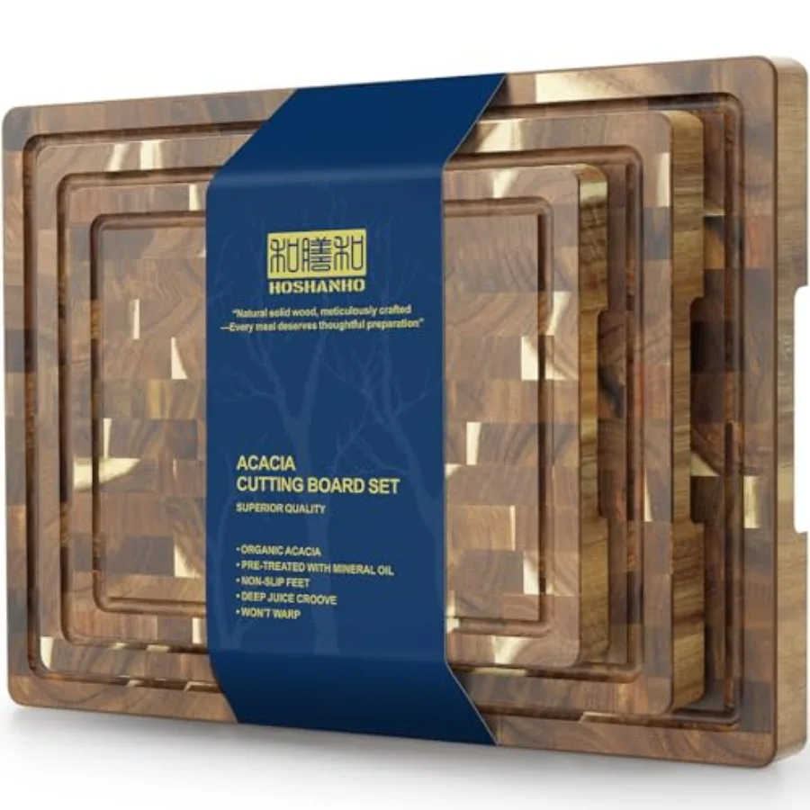 Juego de 3 Tablas de Cortar de Madera de Acacia, Tablas de Cortar Extra Grandes para Preparación de Comidas en la Cocina, Tabla de Cortar Duradera con Diseño Ergonómico Integrado