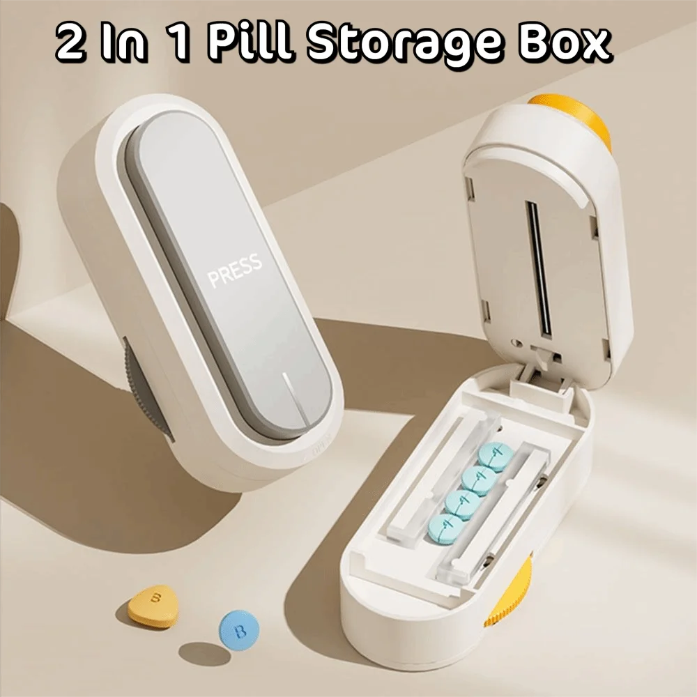 2 In 1 Pill Storage Box Dust-Proof with Cleaning Brush Cut Tablet Dispenser Precise Cutting Halve/Quartering