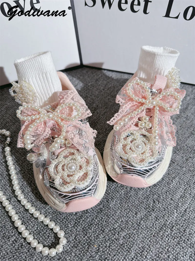 Cute and Sweet Little Girls New Spring and Autumn 2026 Korean Casual Shoes Kids Pearl Lace Bow Mesh Breathable Chunky Sneakers
