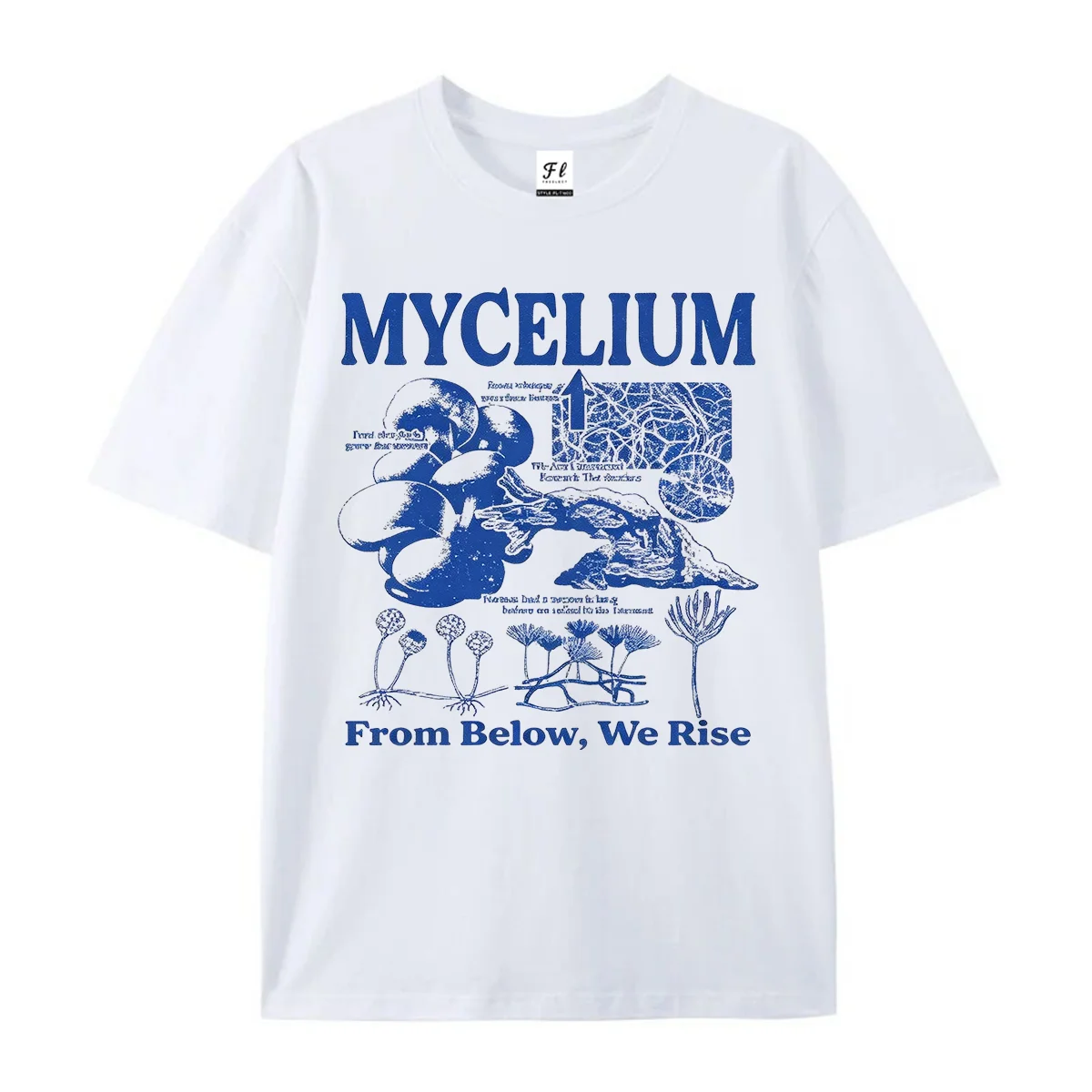 Mycelium From Below We Rise Graphic T-shirt Retro Fungi Mushroom Biology Art Print Tee Vintage Nature Lover Casual Short Shirts
