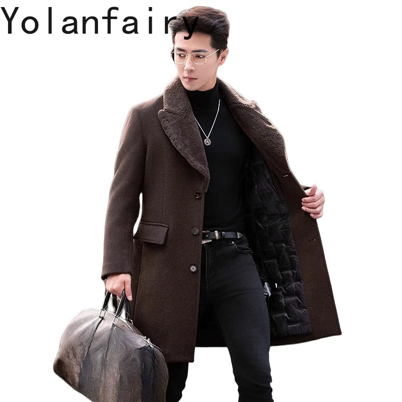 YOLANFAIRY High-end Handmade 95% Wool Coats for Men Winter Cashmere Down Jacket Man Warm Woolen Goose Down Coats Wool Collar