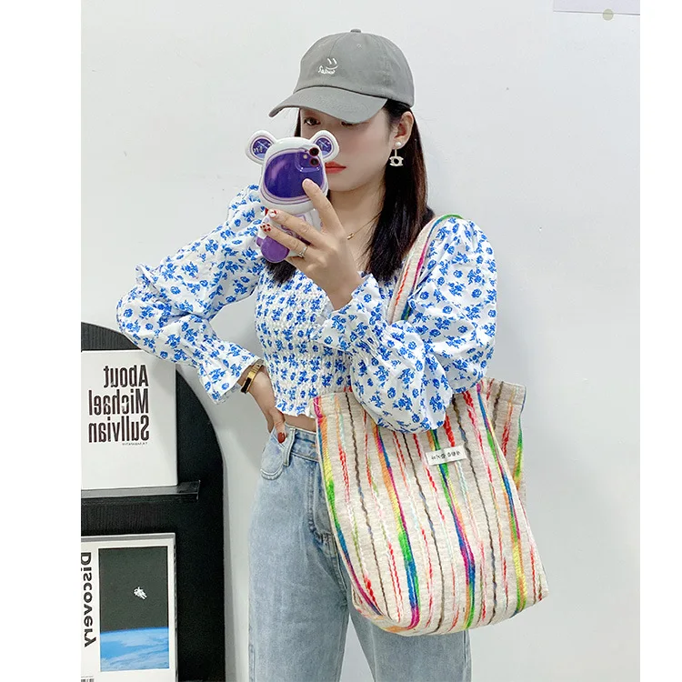 2024 New Rainbow Stripes Contrasting Color Canvas Shoulder Bag Fashionable Simple Tote Bag