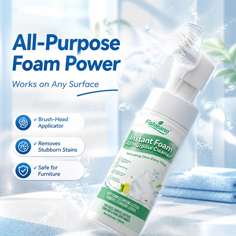 Fishleano Instant Foam All Purpose Cleaner 150ml with Brush Head & Towel for Shoes Leather Sofa Tiles
