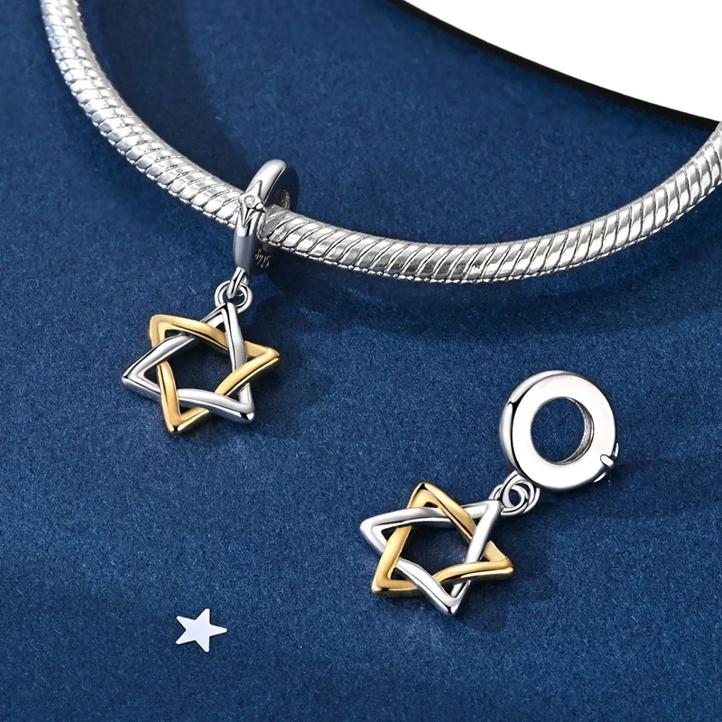 925 Sterling Silver Charms Bead CZ Zircon Gold Hollow Hexagram Dangle Fit Original Bracelet DIY Women Jewelry Gift
