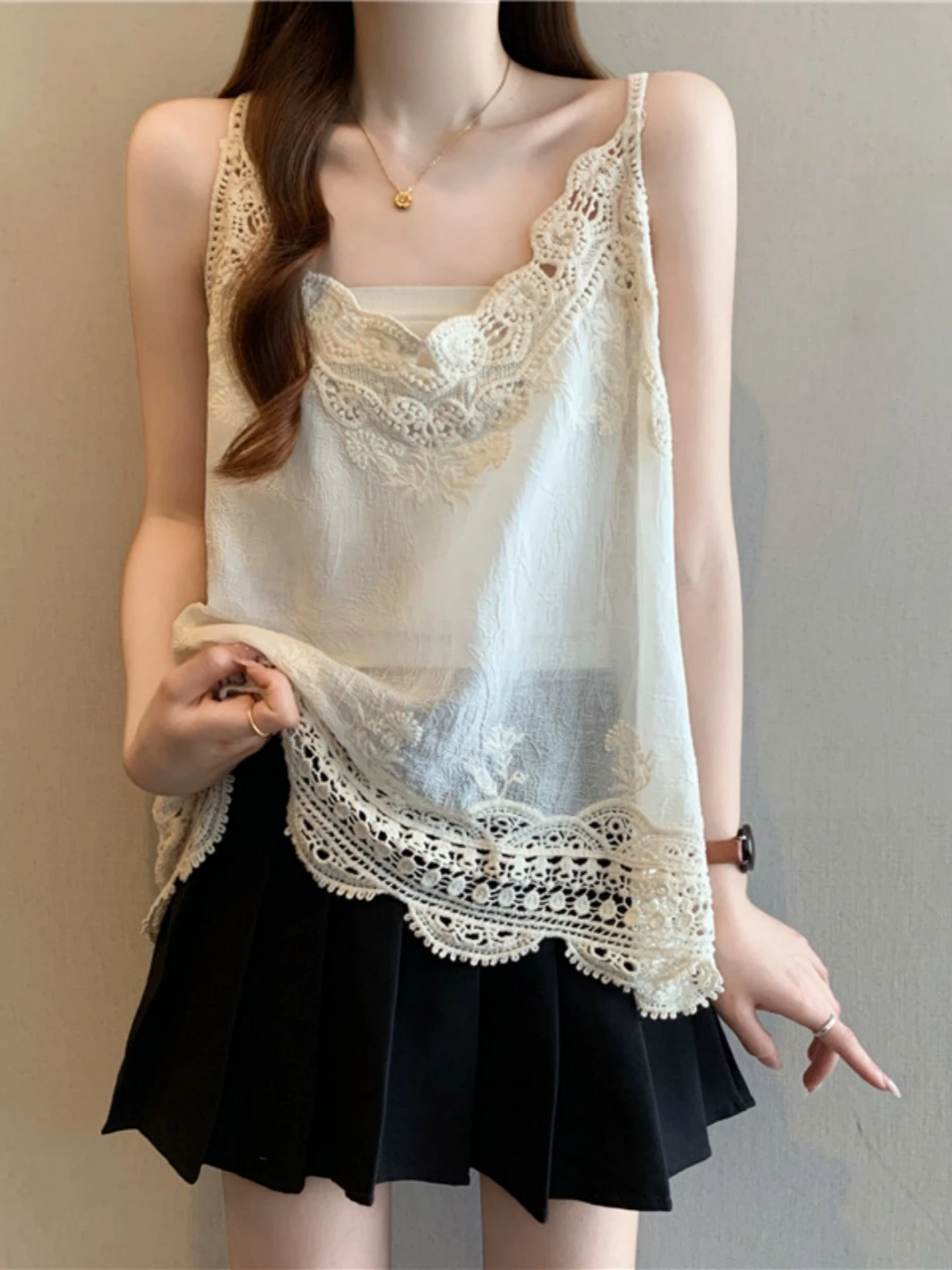 Lace Hollow out Strap Vest Women's Outerwear Spring Summer V-neck Sleeveless High Waist Line Korean Style plus Size Top