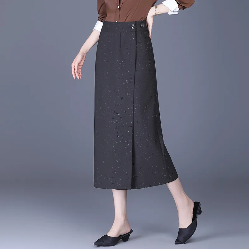 กระโปรงทรงตรงยาวปานกลาง แฟชั่น ทันสมัย เงางาม ทรงเอวสูง ผ่าข้าง สไตล์ใหม่ สวยสง่า