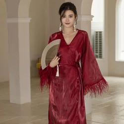 Vintage  Feather Red Long Robe For Women Fancy Silk Full Sleeves Bride Wedding Generous Long Dress Elegant Long Sexy Bathrobe