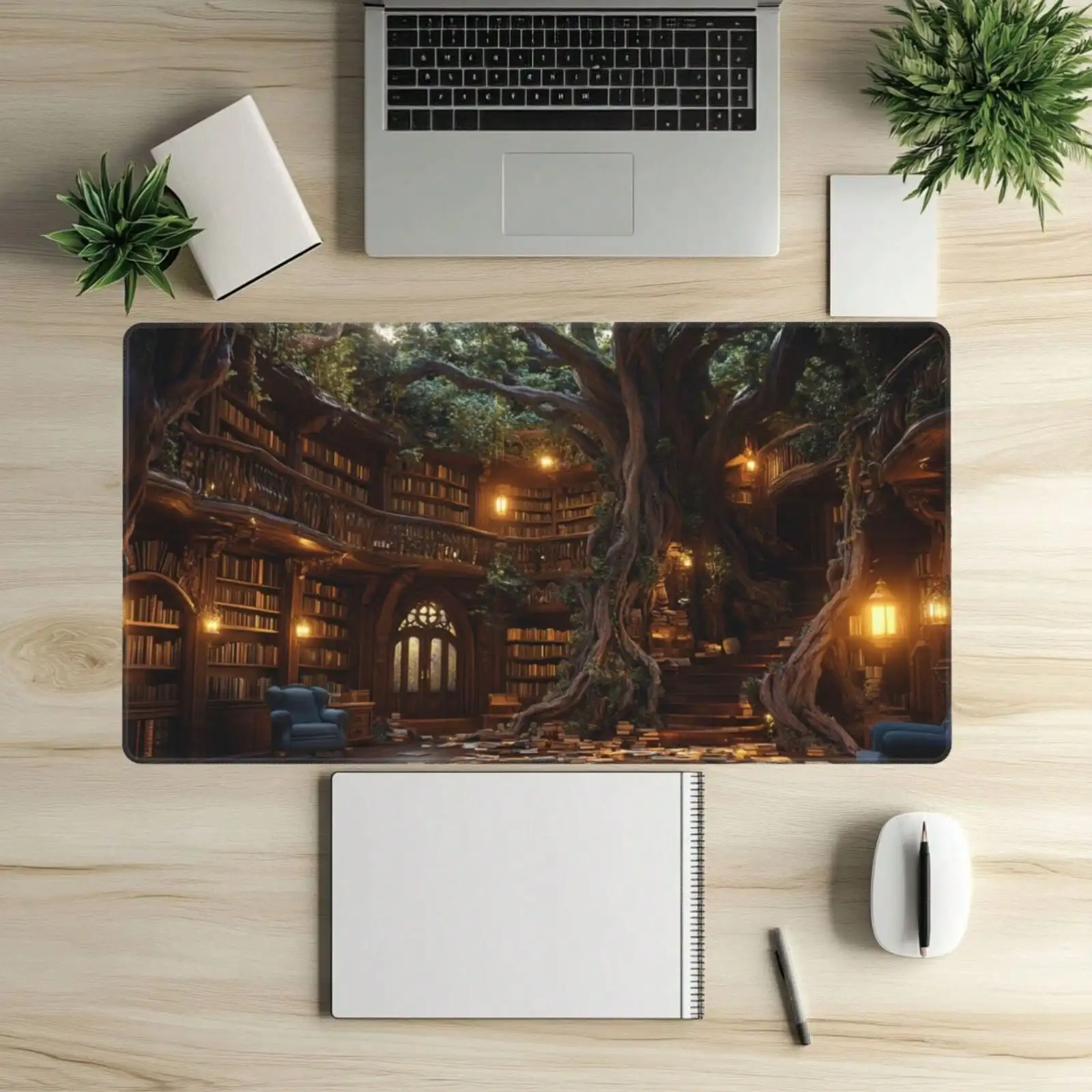 1pc A Magical Library Forest-Themed Mouse Pad - A Large Rubber Desk Mat, Rectangular, Non-Slip, Washable, Perfect For Home Office Use, Writing, And Reading