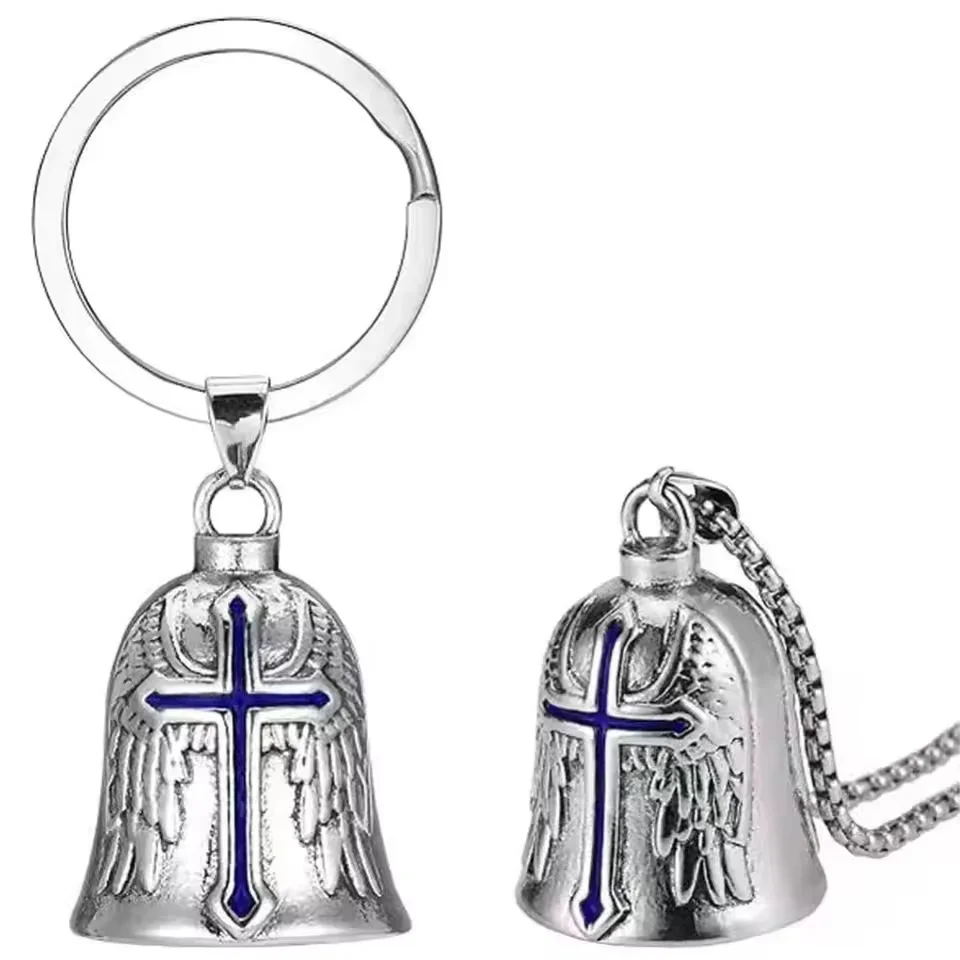 Fashion Cross Guardian Angel Wings Motorcycle Keychain Men Biker Rider Exorcist Keychain Amulet Lucky Amulet Accessory Gift