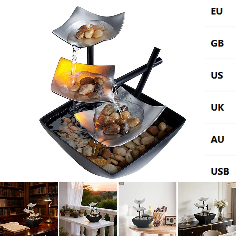 Zen Desktop Fountain with LED Japanese Waterfall 3 Layers Relax Mind  Decor for Office Home Meditation with Quiet Water Pump