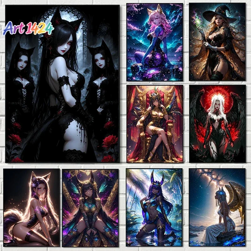 Dark Art Sexy Witch Evil Queen Fashion Lace Cartoon Posters Prints Canvas Painting Wall Art Picture Living Room Home Decor