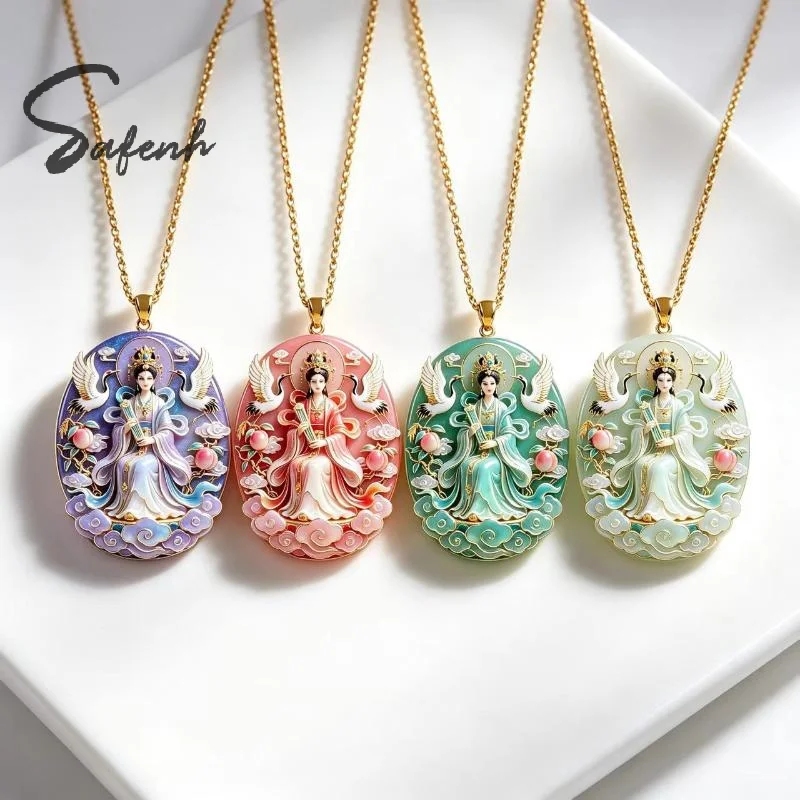 1Pcs Goddess Pendant Necklace Enamel Metal Crane Peach Pattern Lucky Talisman Jewelry For Women Daily Party Wear