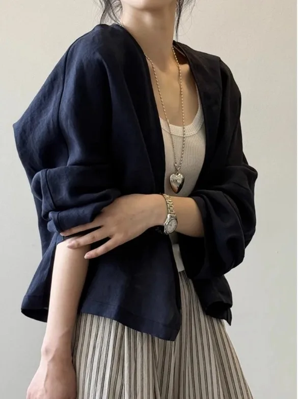 Ele Flax เปิดเสื้อสเวตเตอร์ถักผู้หญิงยาว Sve ป้องกันแสงแดด irt ฤดูร้อนมาใหม่น้ําหนักเบาหลวม Fit V-ne Top