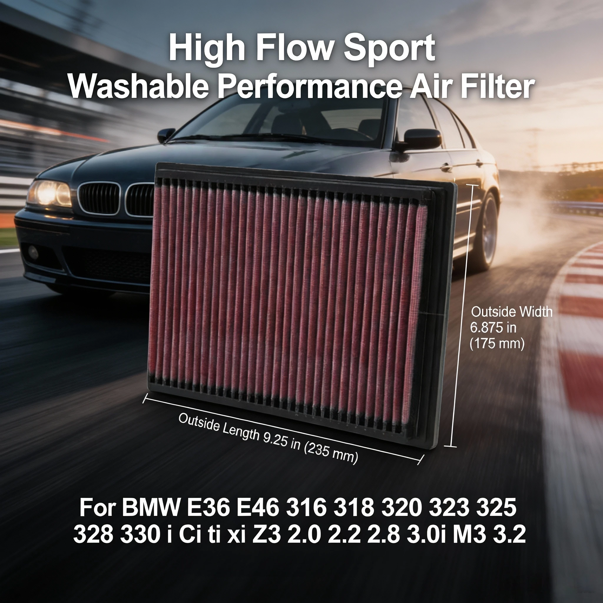 For BMW E36 E46 316 318 320 323 325 328 330 i Ci ti xi Z3 2.0 2.2 2.8 3.0i M3 3.2 High Flow Sport Washable Air Filter 33-2070
