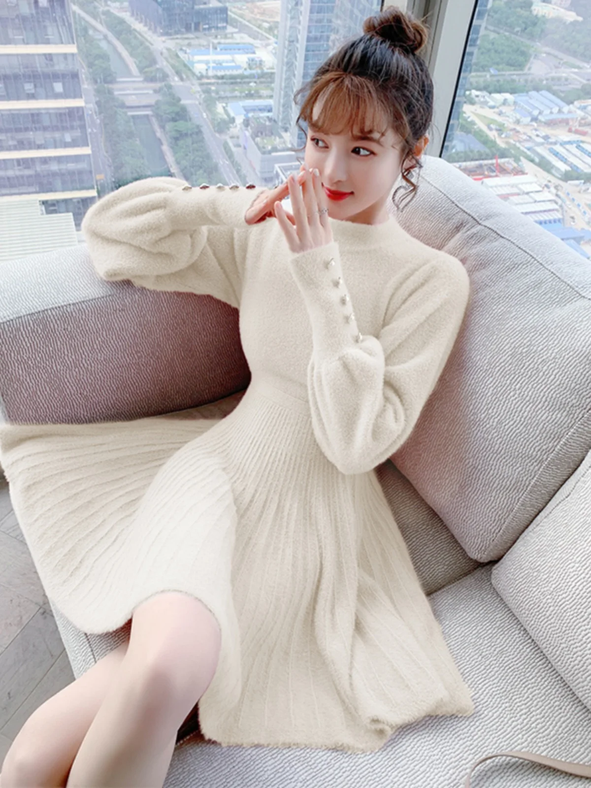 Plus Size Autumn clothes High-Grade Small Look Tall Red Knitted dress Fashion Age-Reducing Design Bottoming Sweater Dress Winter