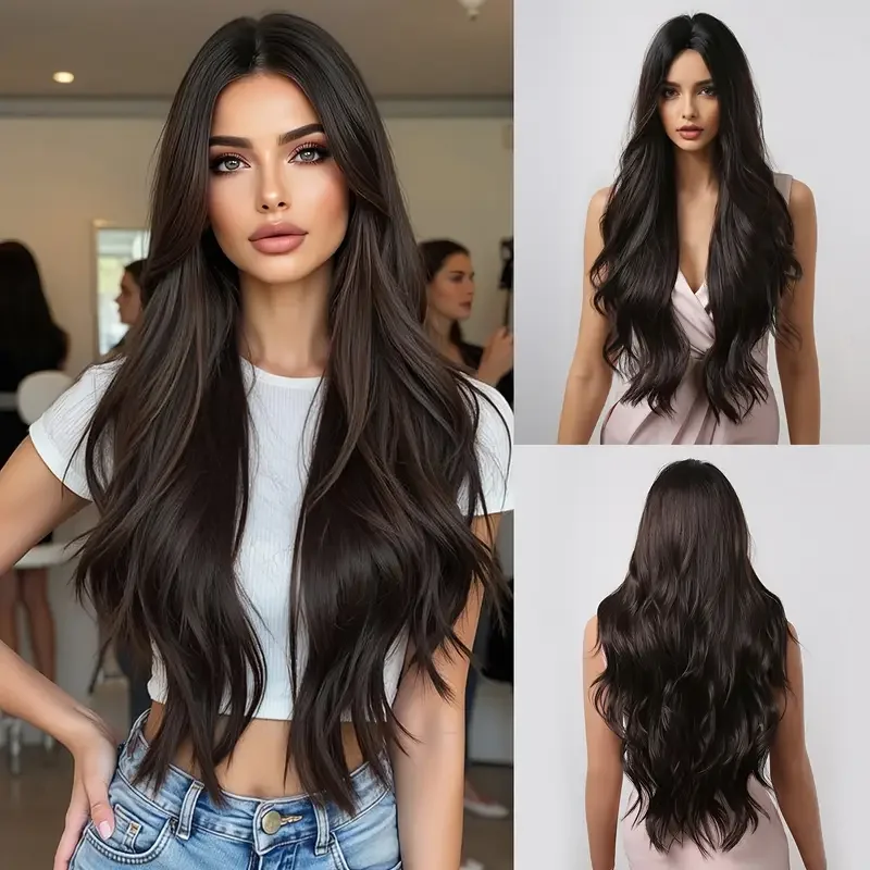 

Testar модный темно-коричневый длинный волнистый синтетический парик гладкий блестящий термостойкий повседневный парик для вечеринок для женщин синтетические волосы