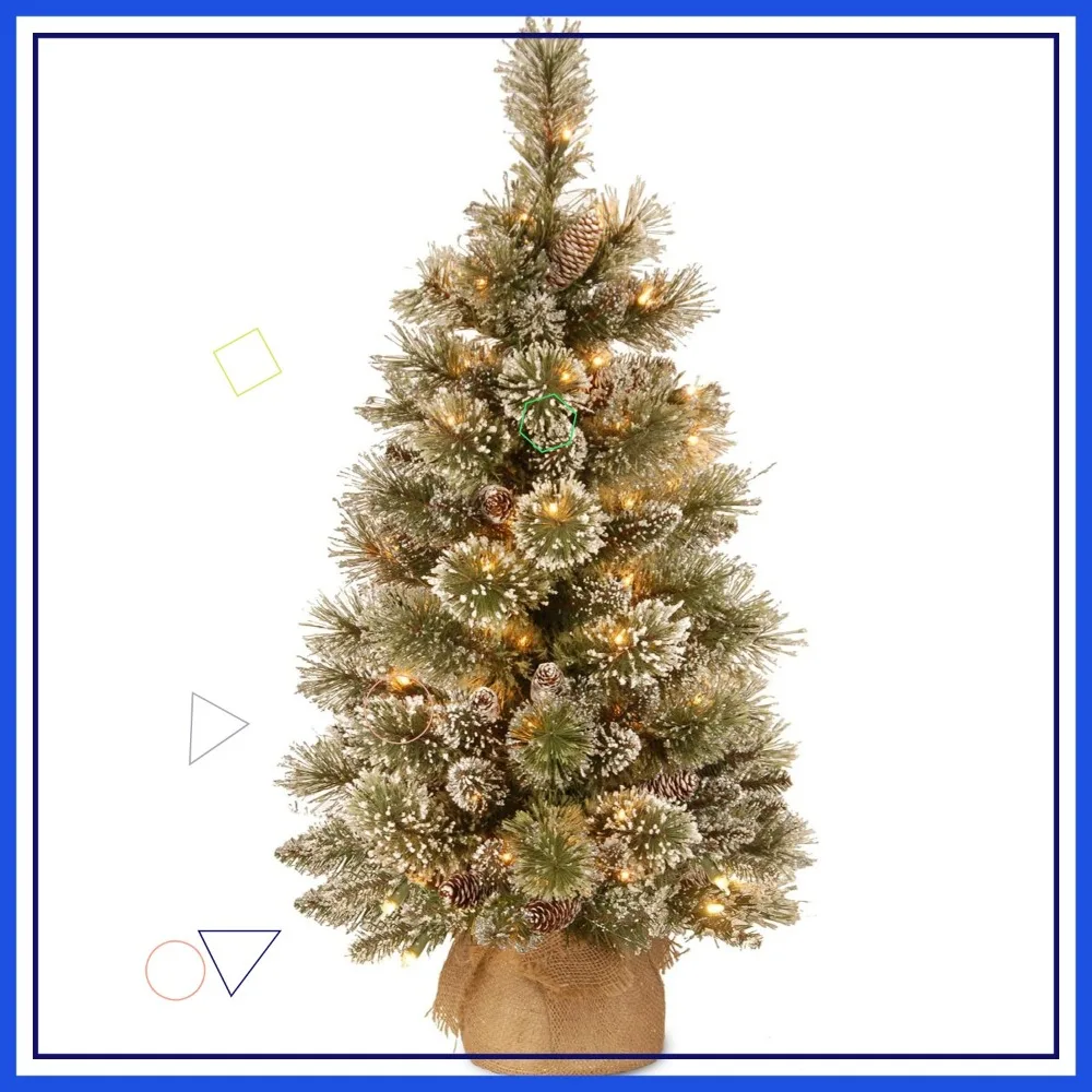 

3ft Pre-Lit Glittery Artificial Christmas Tree with LED Lights, Timer, and Burlap Base