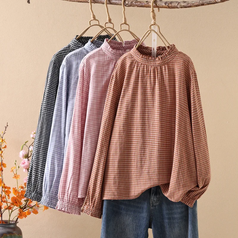 

Женские блузки и рубашки в клетку больших размеров в стиле Mori Girl, весна-лето 2026, свежий дизайн, розовые, оранжевые, синие