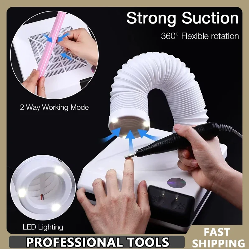 

60 Вт двойной пылесборник для ногтей, выдвижной локтевой дизайн, пылесборник для ногтей, вентилятор, пылесос для ногтей с трубкой