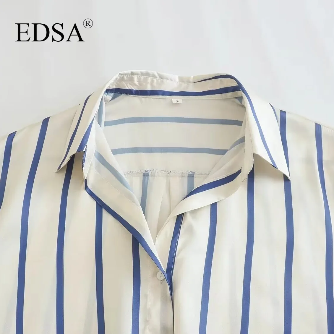 EDSA Women Fashion Striped Shirt Single Breasted Blouse Long Sleeves for Office Lady Turn-down Collar Basic Shirts