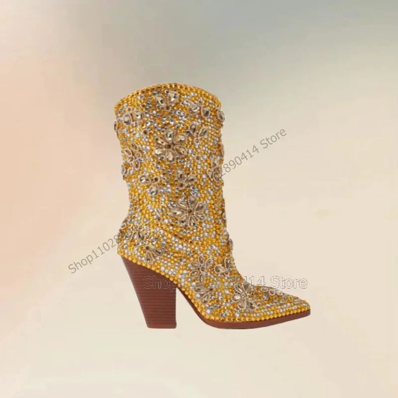 

Gold Crystal Flower Rhinestone Decor Pointed Toe Boots Slip On Women Shoes Chunky High Heels Fashion 2025 Zapatos Para Mujere