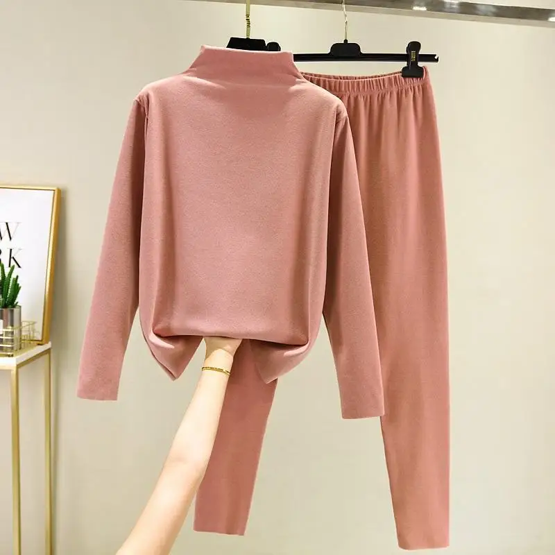 Women 2024 Winter Thermal Underwear Plus Velvet Suit Female Mid-high Collar Slim Clothes + Long Pants Ladies 2 Piece Sets E652