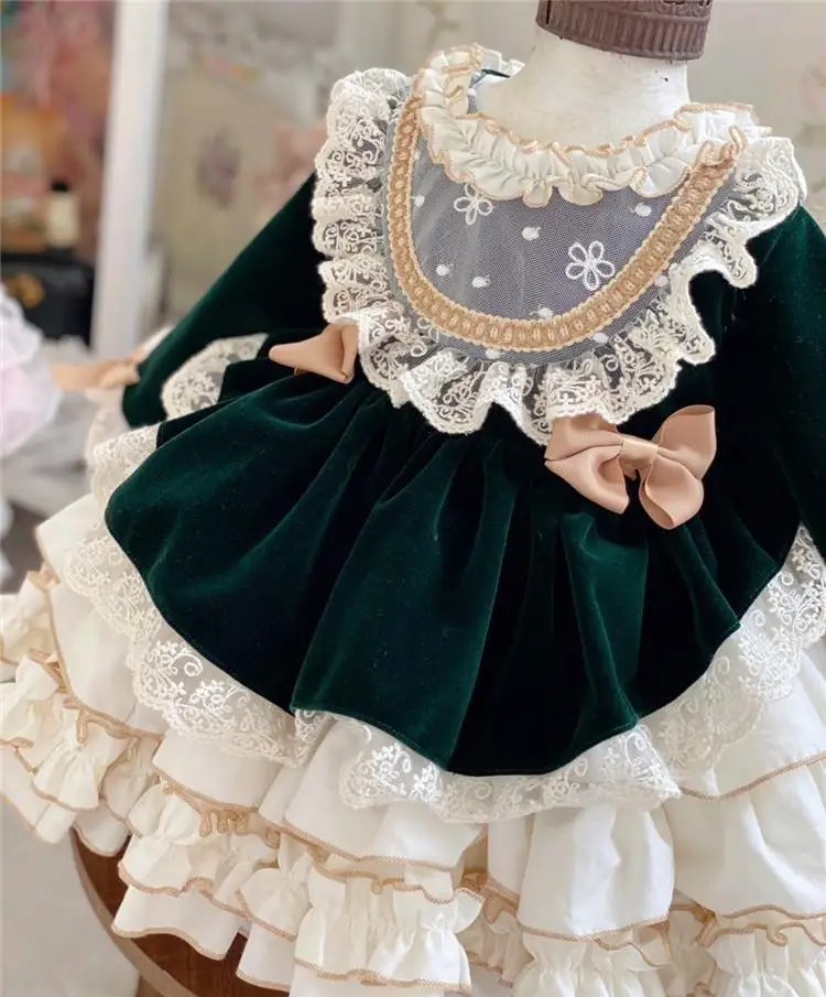New Girls Lolita Cute Princess Ball Gown Children Cute Lace Bow Long Sleeve Birthday Party Dress g179