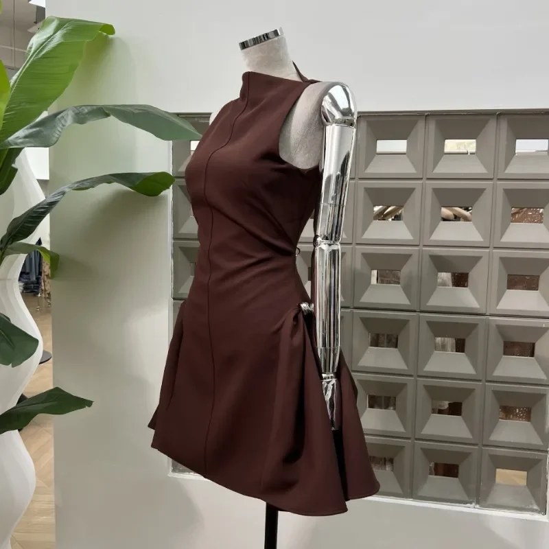 KBQ Solido Dimagrante Una Linea di Abito Per Le Donne Irregolare Senza Maniche A Vita Alta Impiombato Cerniera Design Minimalista Vestito Moda Femminile