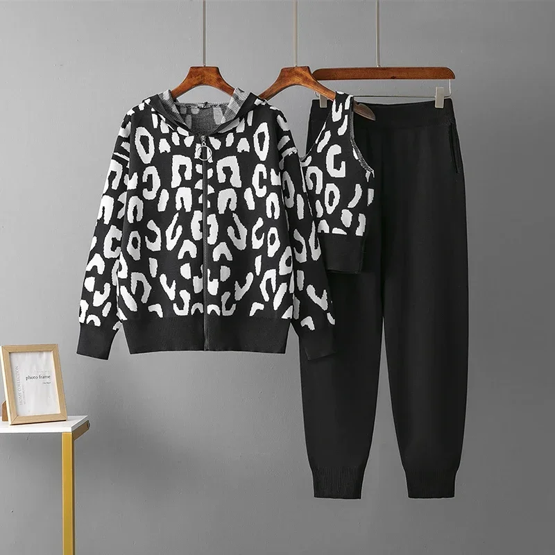 Autumn Oversized Women Cardigan hooded Sweater Tracksuits Leopard Knitted Jumper Suits Harem Pants 2 Pieces Winter Sets Z273