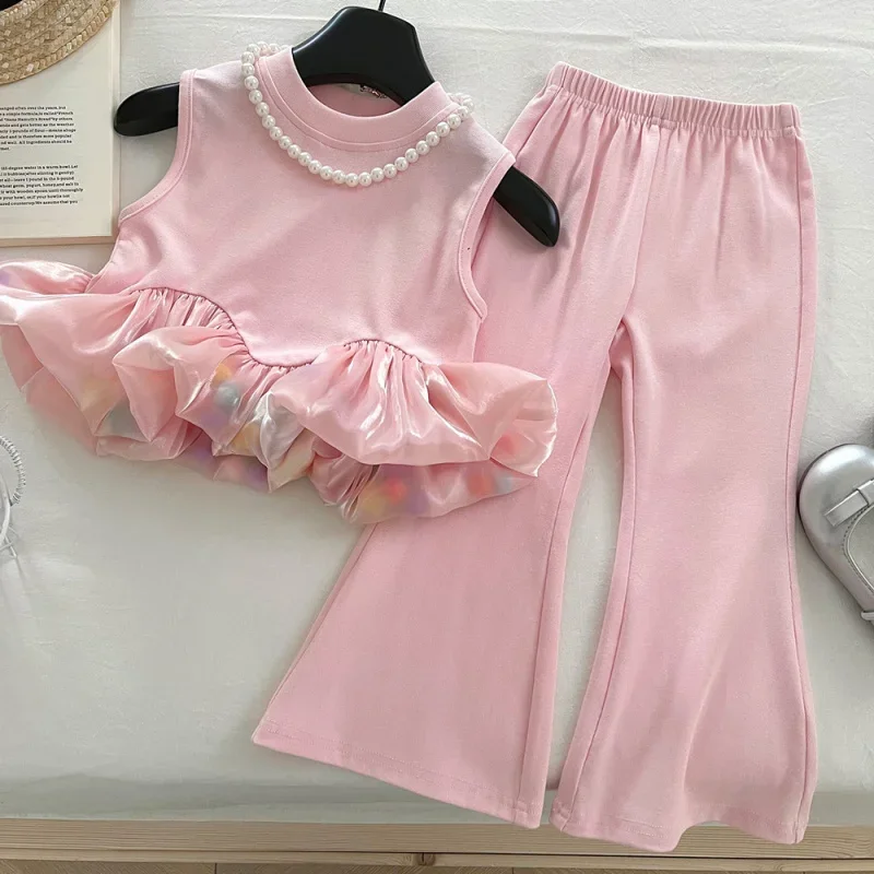 

2025Girls' Summer New Sleeveless Patchwork Vest Fashion Elastic Flared Pants Two-Piece Set